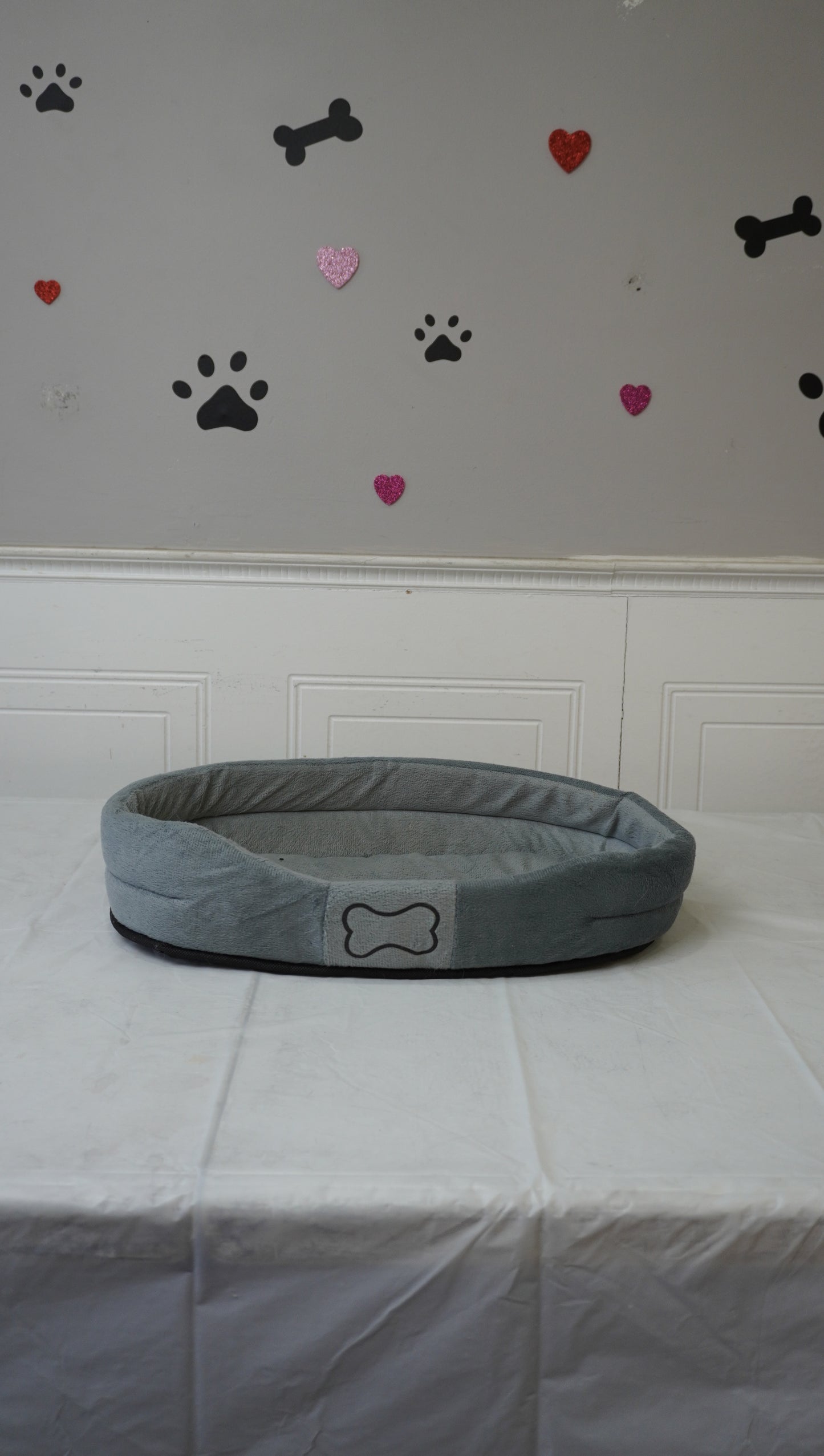 Grey Plush Oval Pet Bed