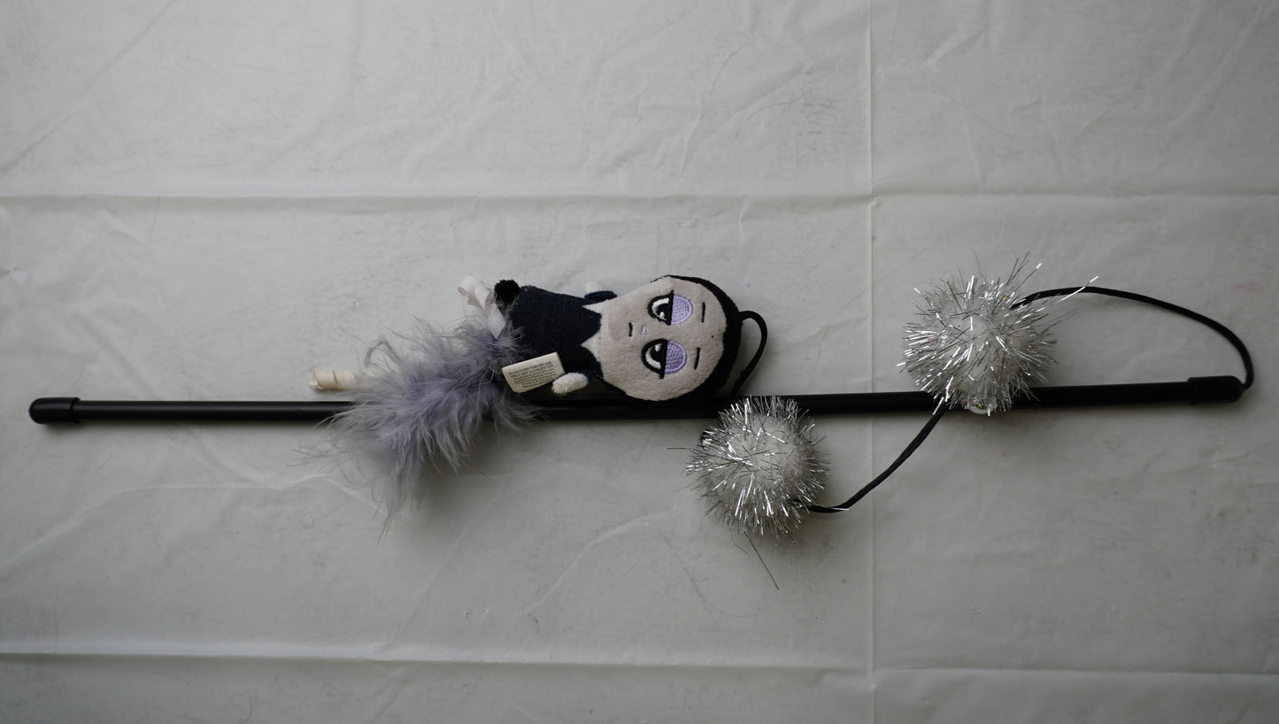 Vampire Plush Cat Wand Toy with Feathers & Tinsel Pom Poms