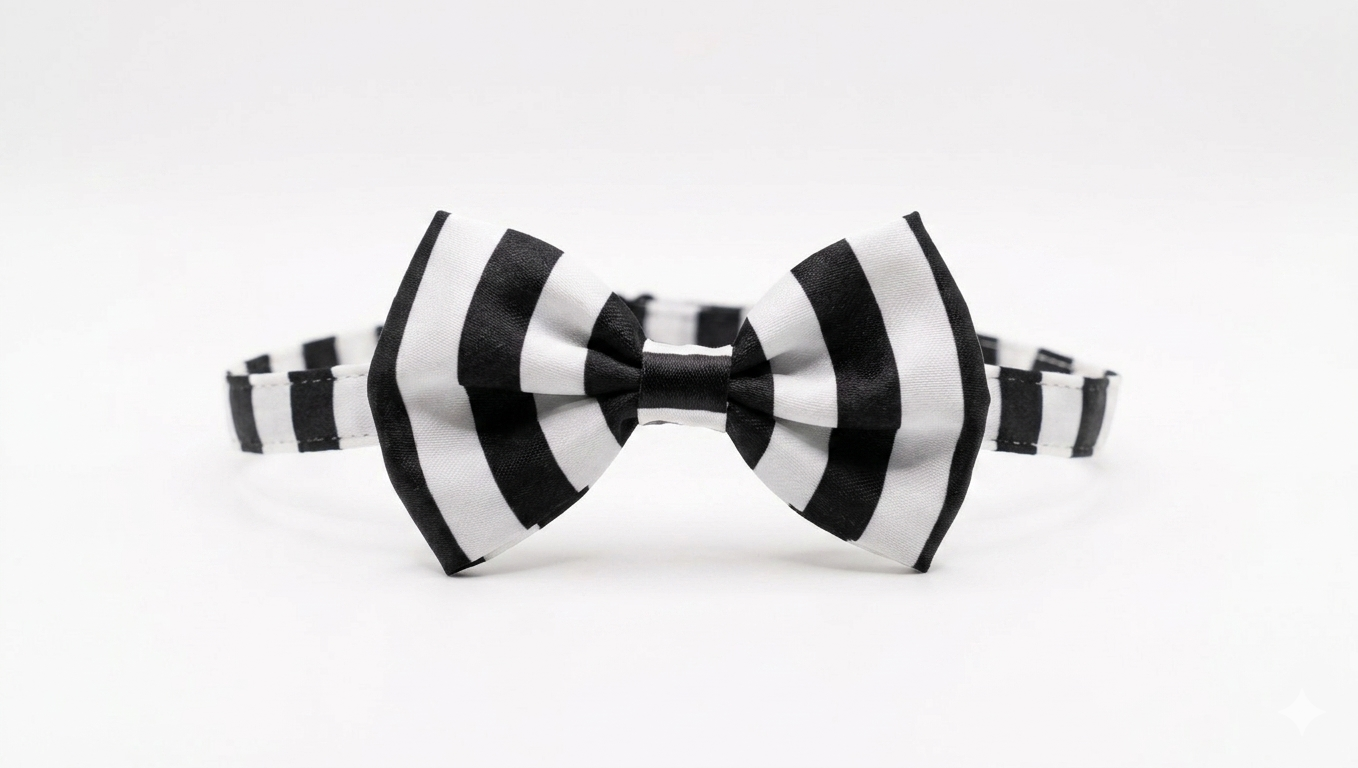 Black & White Striped Pet Bow Tie – Adjustable Neck Accessory – Gently Used